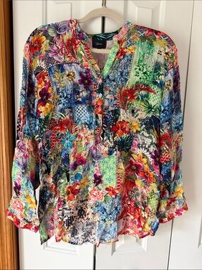 Shana Silk Multicolor Floral Patchwork Tunic Blouse